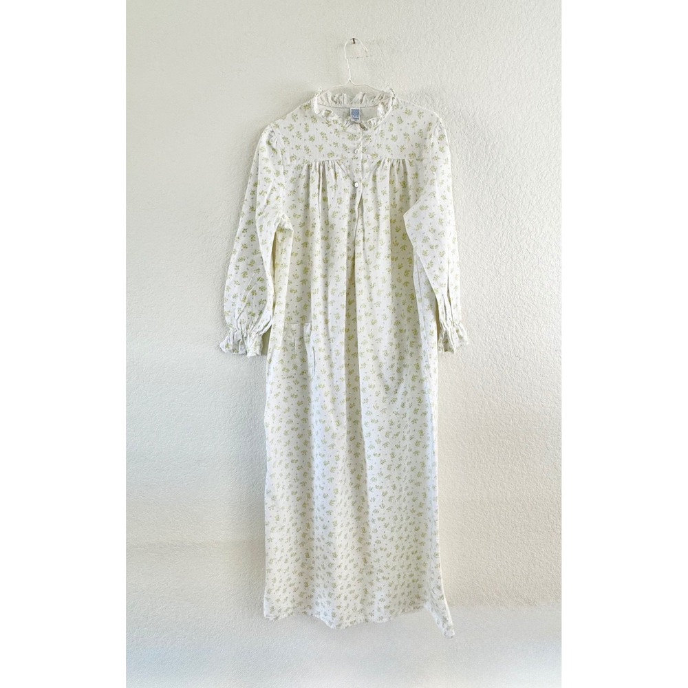 Sears Nightgown Womens L White Yellow Floral Cotton Flannel Ruffle‎ Long Sleeve